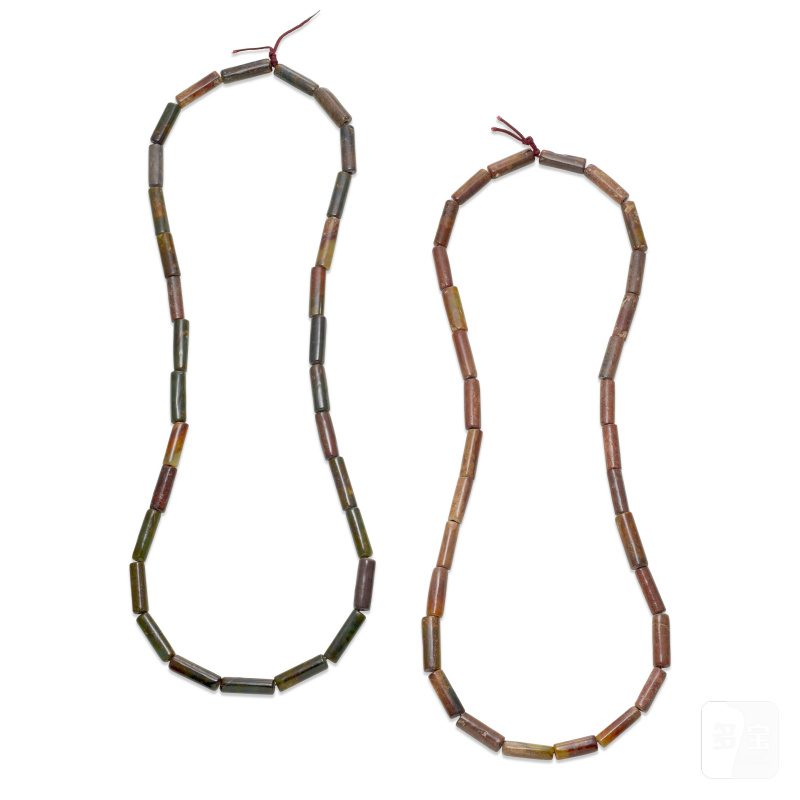 清末 或含更早管珠 仿古玉石及硬石管珠兩串 | TWO ASSEMBLED STRANDS OF JADE AND HARDSTONE CYLINDRICAL BEADS